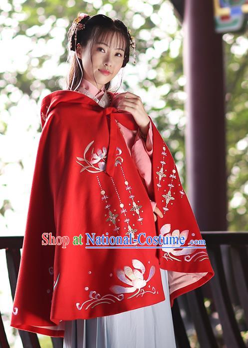 Asian Chinese Ming Dynasty Young Lady Costume Red Cloak, Ancient China Princess Embroidered Mantle Clothing for Women