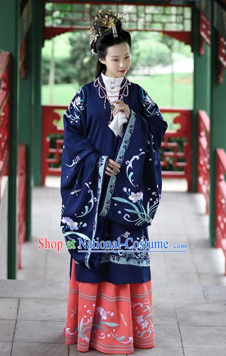 Asian Chinese Song Dynasty Young Lady Costume Navy Cloak, Ancient China Princess Embroidered BeiZi Clothing for Women