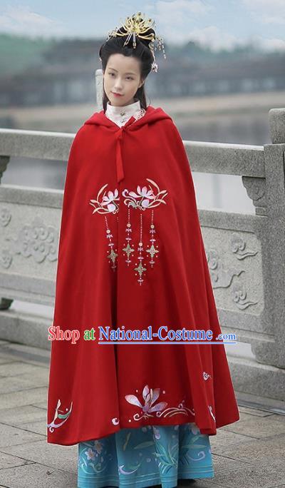 Asian Chinese MIng Dynasty Young Lady Costume Red Cloak, Ancient China Princess Embroidered Mantle Clothing for Women