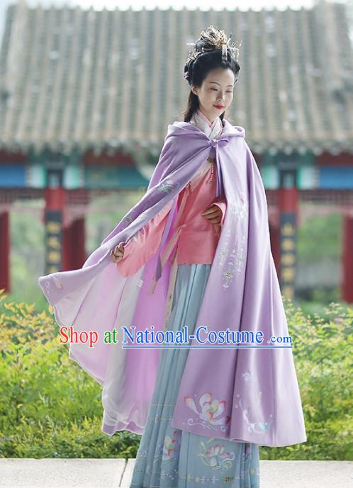 Asian Chinese MIng Dynasty Young Lady Costume Purple Cloak, Ancient China Princess Embroidered Mantle Clothing for Women