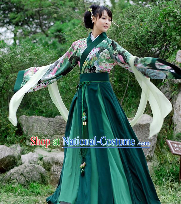 Asian Chinese Tang Dynasty Imperial Concubine Costume Slip Skirt, Ancient China Palace Lady Printing Green Clothing for Women