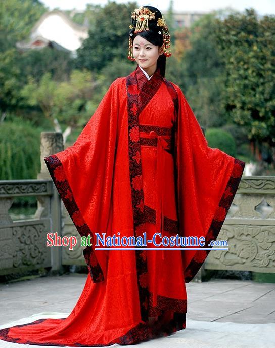 Asian Chinese Han Dynasty Imperial Concubine Wedding Costume, Ancient China Palace Lady Embroidered Red Clothing for Women