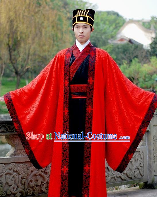 Asian Chinese Han Dynasty Wedding Costume, Ancient China Bridegroom Embroidered Red Clothing for Men