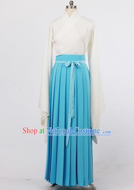 Asian Chinese Ming Dynasty Young Lady Costume, Ancient China Princess Silk Blue Skirt Clothing for Women