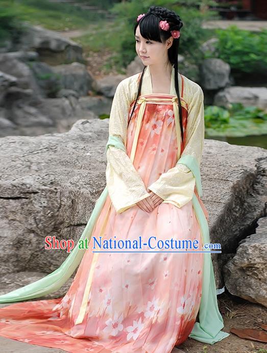 Asian Chinese Tang Dynasty Young Lady Costume, Ancient China Princess Printing Pink Slip Skirt Clothing for Women