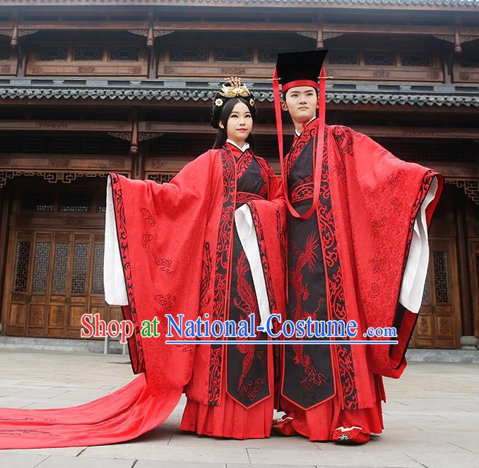 Asian Chinese Zhou Dynasty Wedding Costume Complete Set, Ancient China Bride and Bridegroom Embroidered Red Clothing for Women for Men