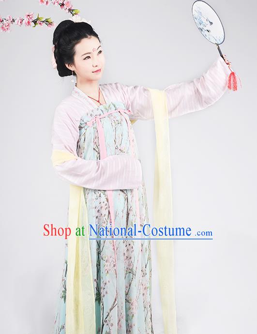 Asian Chinese Tang Dynasty Princess Costume Slip Skirt Complete Set, Ancient China Palace Lady Printing Clothing for Women