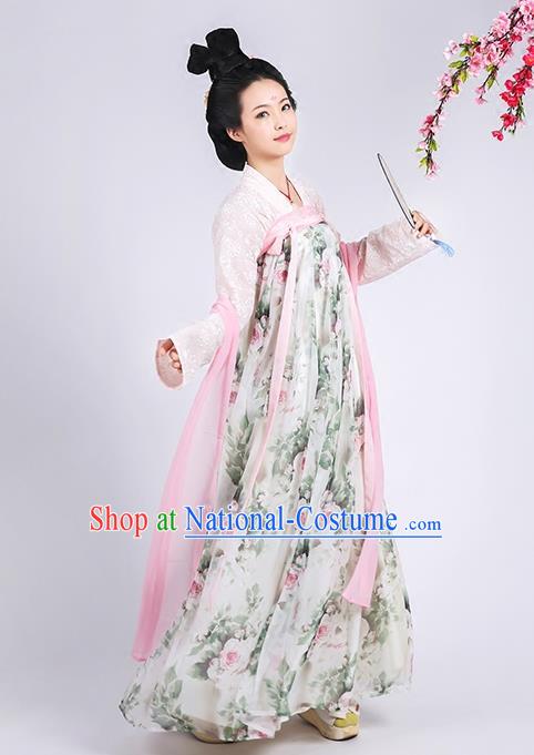 Asian Chinese Tang Dynasty Princess Costume Complete Set, Ancient China Palace Lady Printing Slip Skirt Clothing for Women