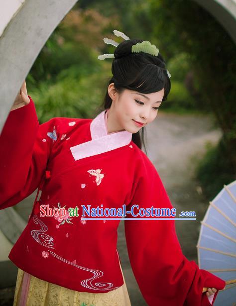 Asian Chinese Ming Dynasty Princess Costume Embroidery Red Blouse, Ancient China Palace Lady Embroidered Upper Outer Garment Clothing for Women