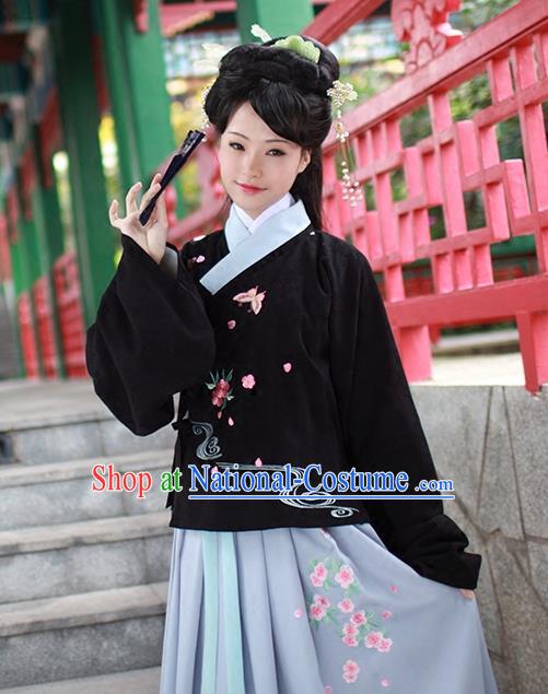 Asian Chinese Ming Dynasty Princess Costume Embroidery Black Blouse, Ancient China Palace Lady Embroidered Upper Outer Garment Clothing for Women