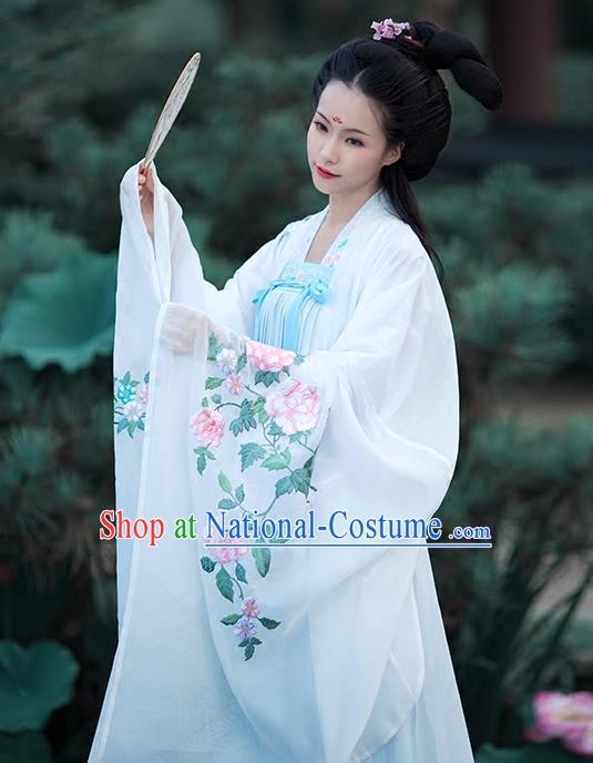 Asian Chinese Tang Dynasty Princess Embroidery Costume White Cloak, Ancient China Palace Lady Embroidered Wide Sleeve Cardigan for Women