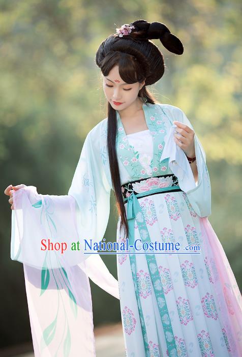 Asian Chinese Tang Dynasty Princess Embroidery Costume Complete Set, Ancient China Palace Lady Clothing for Women