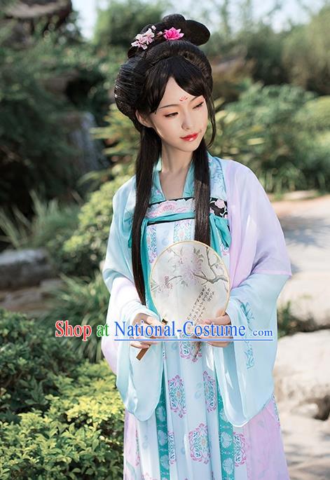 Asian Chinese Tang Dynasty Princess Embroidery Costume Slip Skirt Complete Set, Ancient China Palace Lady Clothing for Women