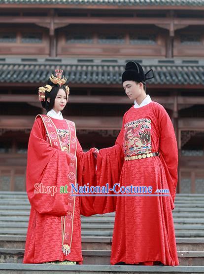 Asian Chinese Ming Dynasty Emperor and Empress Wedding Costume Complete Set, Ancient China Bride and Bridegroom Embroidered Clothing for Women for Men