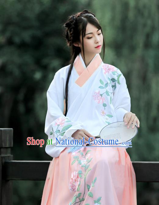 Asian Chinese Ming Dynasty Young Lady Costume Pink Embroidery Blouse, Ancient China Princess Embroidered Clothing for Women