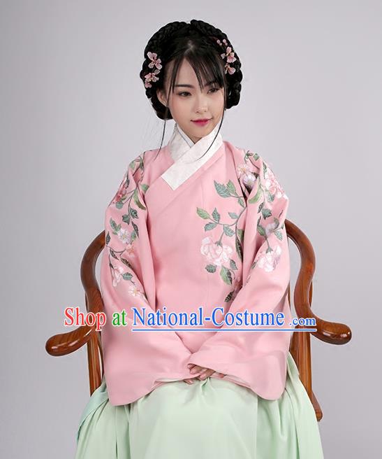 Asian Chinese Ming Dynasty Young Lady Costume Pink Embroidery Wool Blouse, Ancient China Princess Embroidered Clothing for Women