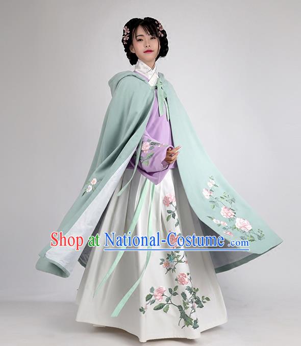 Asian Chinese Ming Dynasty Young Lady Costume Green Embroidery Wool Cloak, Ancient China Princess Embroidered Mantle Clothing for Women