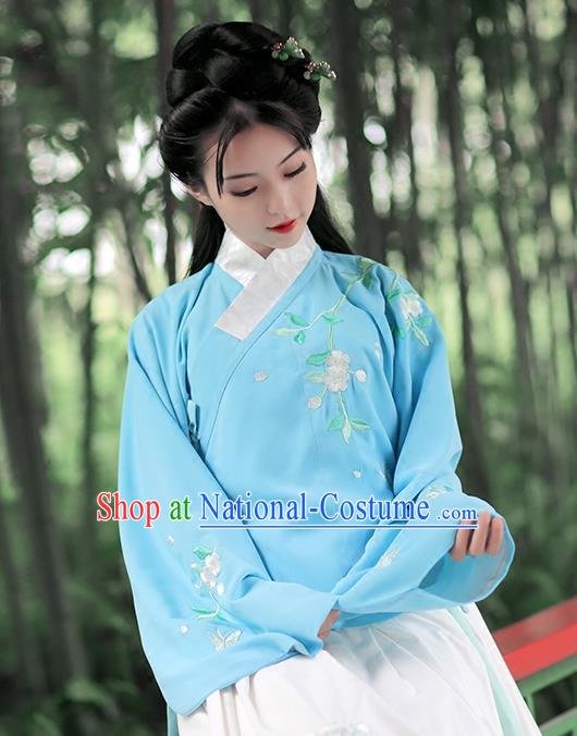 Asian Chinese Ming Dynasty Young Lady Costume Blue Blouse, Ancient China Princess Embroidered Hanfu Clothing for Women