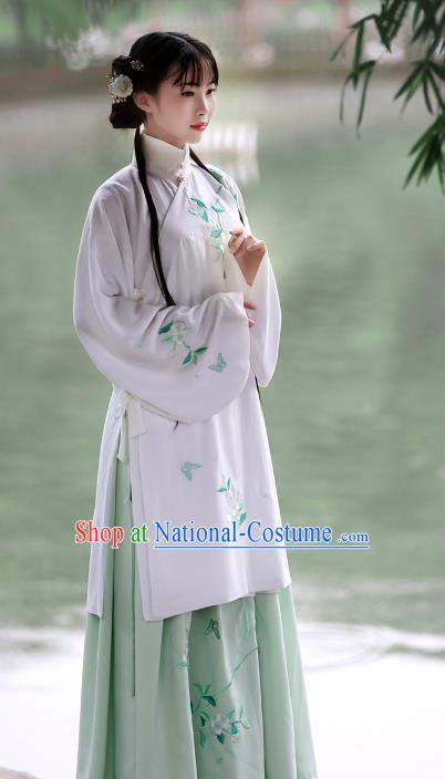 Asian Chinese Ming Dynasty Young Lady Costume Complete Set, Ancient China Princess Embroidered Pear Flower Hanfu Clothing for Women