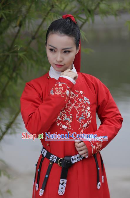 Asian Chinese Ming Dynasty Swordswoman Costume Red Long Robe, Ancient China Imperial Guards Embroidered Hanfu Clothing for Women