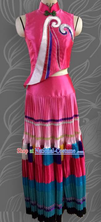 Traditional Chinese Zhuang Nationality Dancing Costume Folk Dance Ethnic Pleated Skirt, Chinese Minority Embroidery Clothing for Women