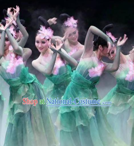 Traditional Chinese Classical Lotus Dance Costume, China Folk Dance Fairy Dance Green Clothing for Women