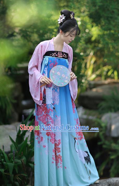 Asian Chinese Tang Dynasty Palace Lady Costume Printing Blue Dress, Ancient China Princess Hanfu Clothing for Women