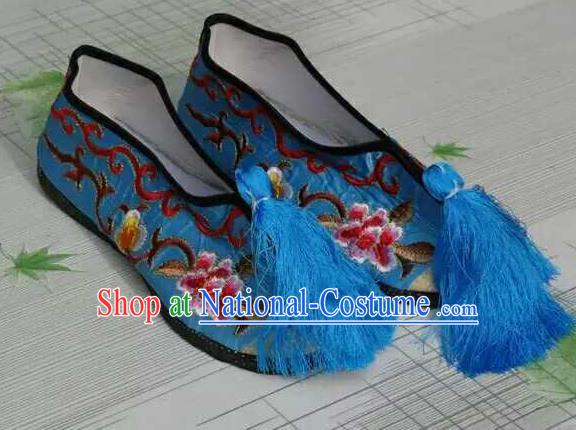 Traditional Chinese Peking Opera Diva Embroidered Shoes, China Ancient Beijing Opera Hua Tan Blue Blood Stained Shoes for Women