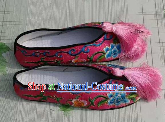 Traditional Chinese Peking Opera Diva Embroidered Shoes, China Ancient Beijing Opera Hua Tan Pink Blood Stained Shoes for Women