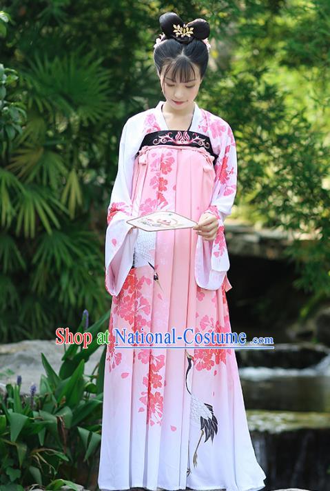 Asian Chinese Tang Dynasty Palace Lady Costume Printing Pink Dress, Ancient China Princess Hanfu Clothing for Women