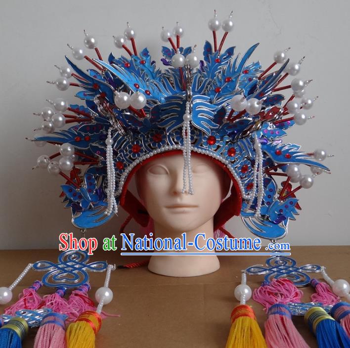 Traditional Chinese Ming Dynasty Imperial Empress Wedding Hats, China Ancient Bride Blue Phoenix Coronet Headwear for Women