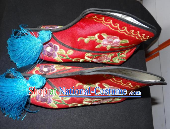 Traditional Chinese Peking Opera Swordplay Embroidered Shoes Quick Boots, China Ancient Beijing Opera Blues Red Blood Stained Shoes for Women