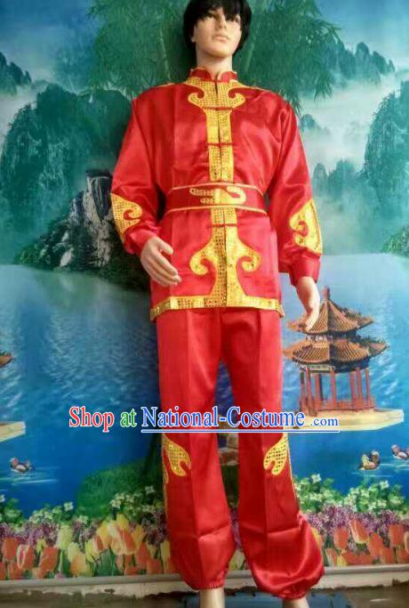 Traditional Chinese Classical Dance Yangge Fan Dance Costume, Folk Dance Drum Dance Lion Dance Red Clothing for Men