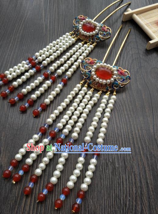 Traditional Handmade Chinese Hair Accessories Blueing Lotus Hairpins, China Palace Lady Hanfu Tassel Step Shake for Women