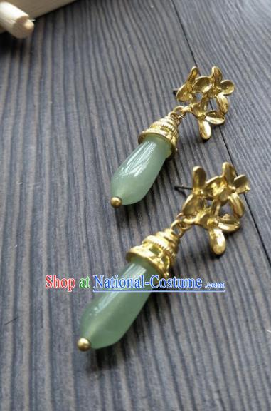 Traditional Handmade Chinese Hanfu Accessories Copper Earrings, China Palace Lady Tassel Green Agate Eardrop for Women