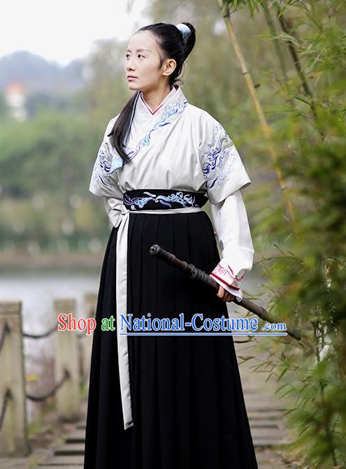 Asian Chinese Han Dynasty Swordswoman Costume, Ancient China Young Lady Embroidered Hanfu Clothing for Women