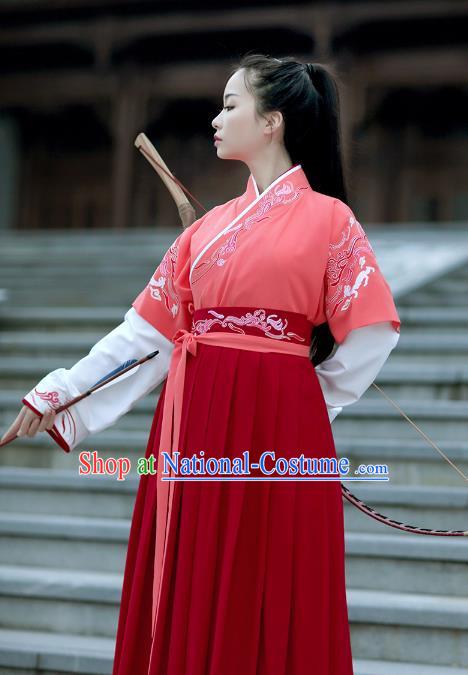 Asian Chinese Han Dynasty Swordswoman Red Costume, Ancient China Young Lady Embroidered Hanfu Clothing for Women