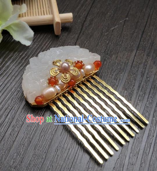 Traditional Handmade Chinese Hair Accessories Hanfu Red Beads Hairpins, China Ancient Tang Dynasty Palace Lady Jade Hair Comb for Women