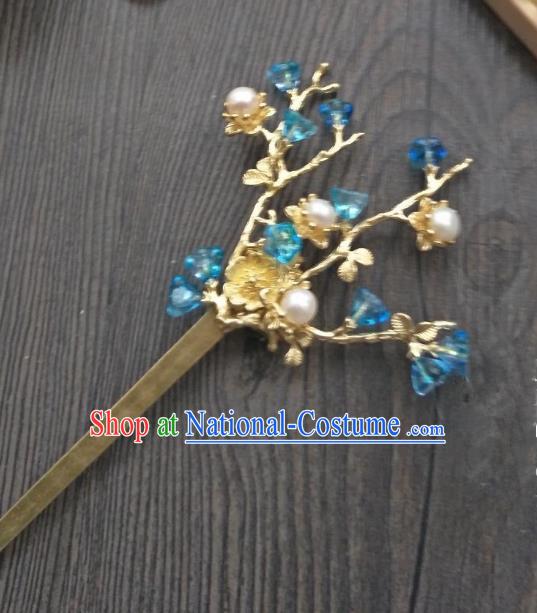 Traditional Handmade Chinese Hair Accessories Blue Crystal Hairpins, China Ancient Tang Dynasty Palace Lady Hanfu Hair Stick for Women