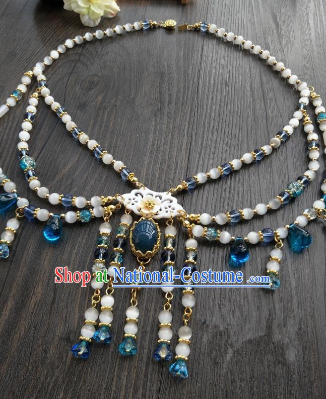 Traditional Handmade Chinese Accessories Blue Beads Necklace, China Palace Lady Hanfu Tassel Necklet for Women