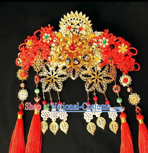 Traditional Handmade Chinese Hair Accessories Wedding Golden Phoenix Coronet, China Xiuhe Suit Tassel Step Shake Hairpins for Women