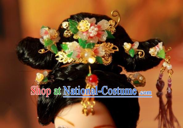 Traditional Handmade Chinese Qing Dynasty Hair Accessories Complete Set, Manchu High Coiffure Imperial Concubine Tassel Hairpins Headpiece