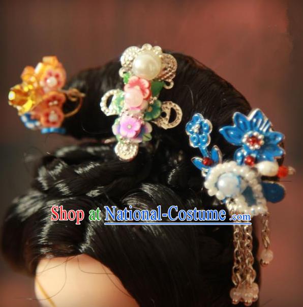 Traditional Handmade Chinese Qing Dynasty Hair Accessories Complete Set, Manchu High Coiffure Imperial Concubine Blueing Hairpins Headpiece