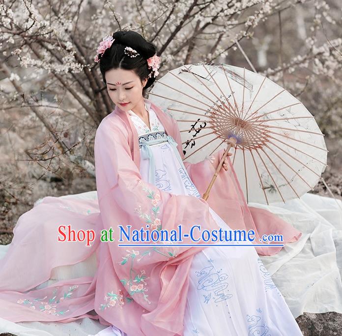 Asian Chinese Tang Dynasty Palace Lady Embroidered Wide Sleeve Cardigan, Ancient China Princess Hanfu Pink Cloak Clothing for Women