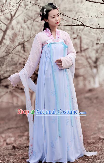 Asian Chinese Tang Dynasty Palace Lady Embroidered Blouse and Slip Skirts, Ancient China Princess Hanfu Clothing for Women