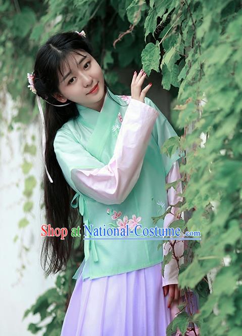 Asian Chinese Song Dynasty Young Lady Embroidered Costume Complete Set, Ancient China Princess Half-Sleeves Blouse and Skirt Clothing for Women