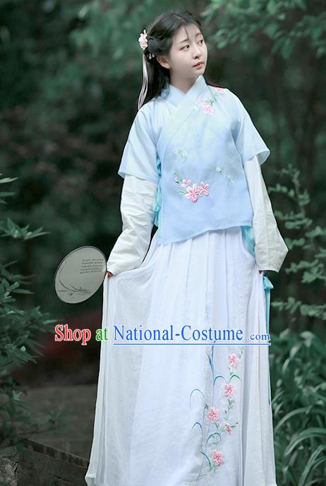 Asian Chinese Song Dynasty Embroidered Costume Complete Set, Ancient China Young Lady Embroidery Blue Half-Sleeves Blouse and Skirt Clothing