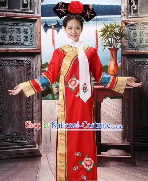 Traditional Ancient Chinese Manchu Palace Lady Red Costume, Asian Chinese Qing Dynasty Princess Embroidered Dress Clothing for Women