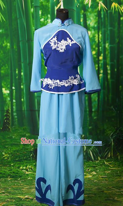 Traditional Chinese Yangge Fan Dancing Costume, Folk Dance Yangko Blue Clothing for Women