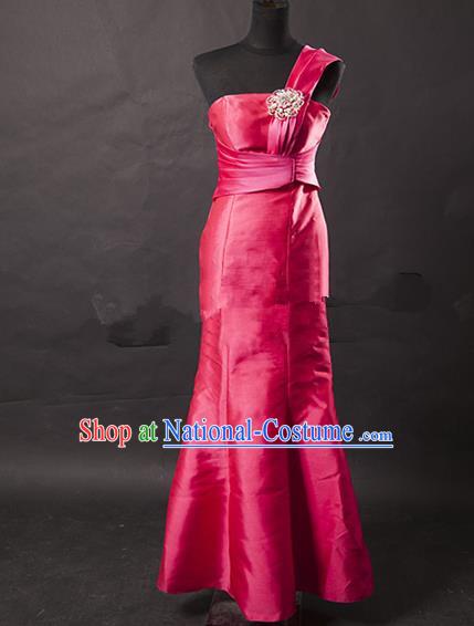 Traditional Chinese Modern Dancing Costume, Women Opening Classic Chorus Singing Group Rosy Satin Full Dress for Women